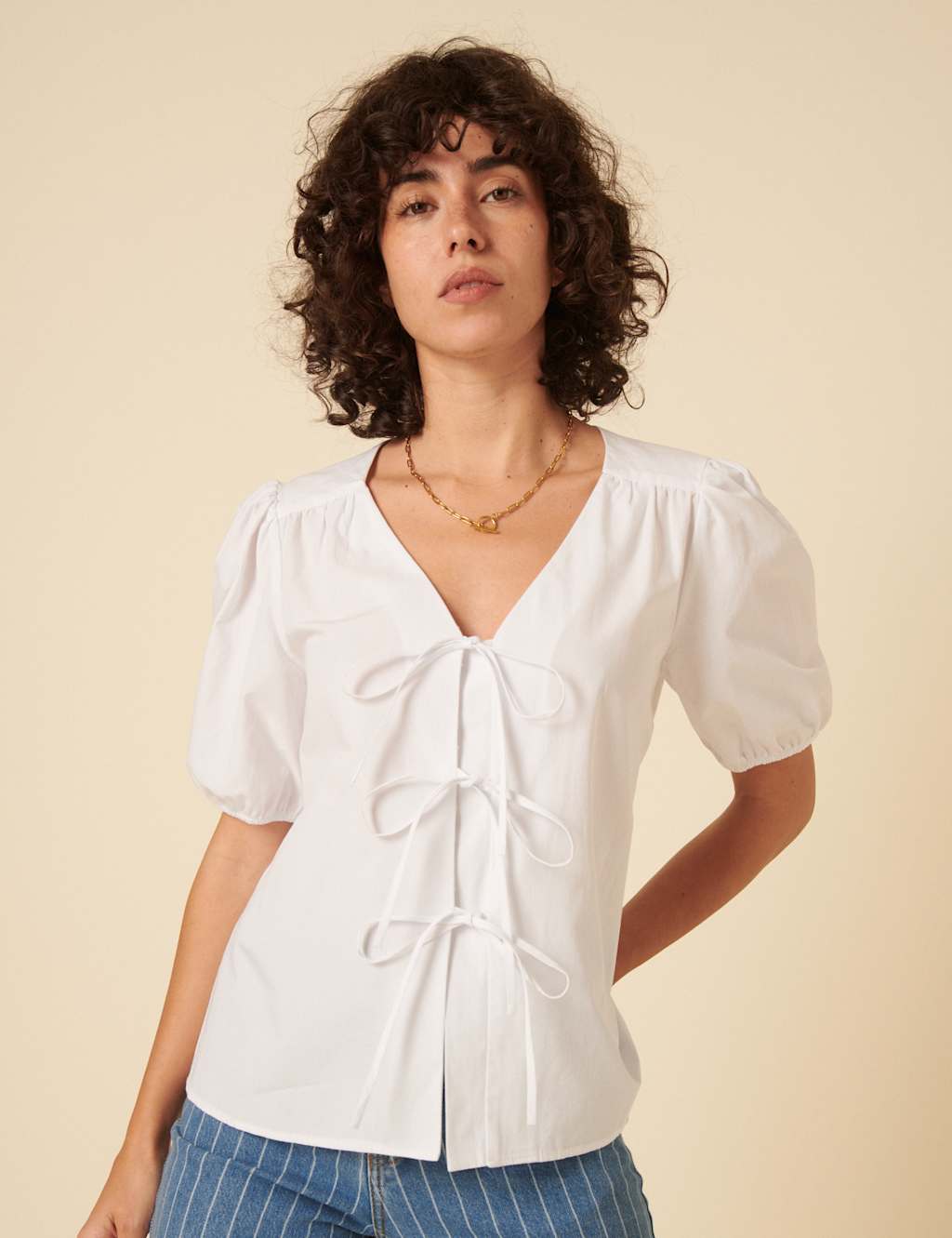 Pure Cotton V-Neck Relaxed Puff Sleeve Blouse