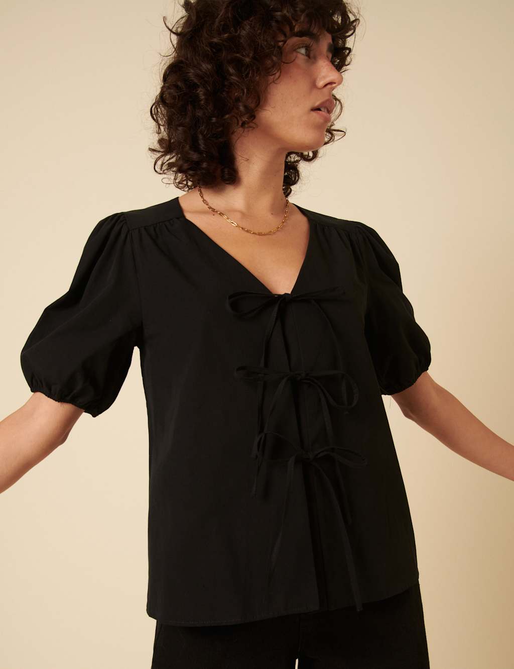 Pure Cotton V-Neck Relaxed Puff Sleeve Blouse