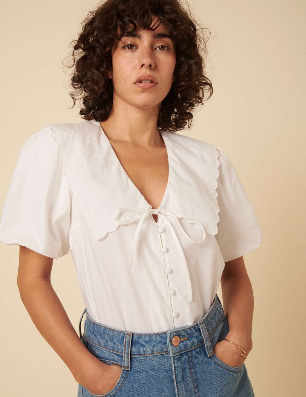 Pure Cotton Collared Puff Sleeve Blouse