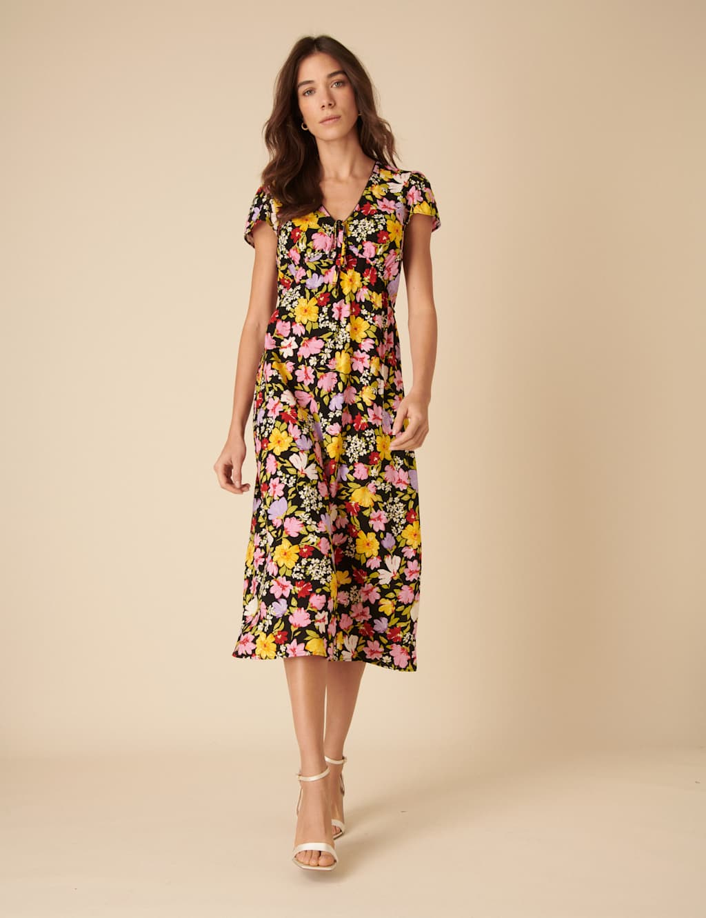 Floral V-Neck Midi Tea Dress