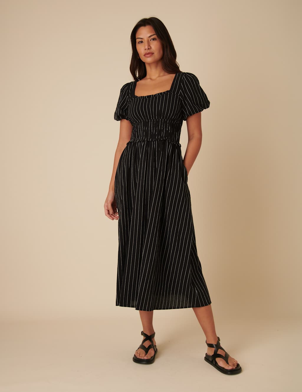 Pure Cotton Striped Midi Waisted Dress