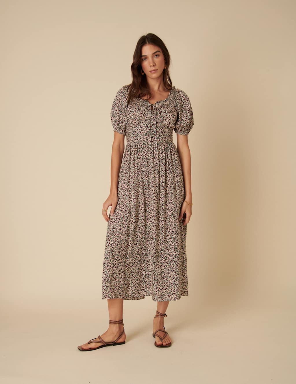 Ditsy Floral Tie Neck Puff Sleeve Midaxi Waisted Dress