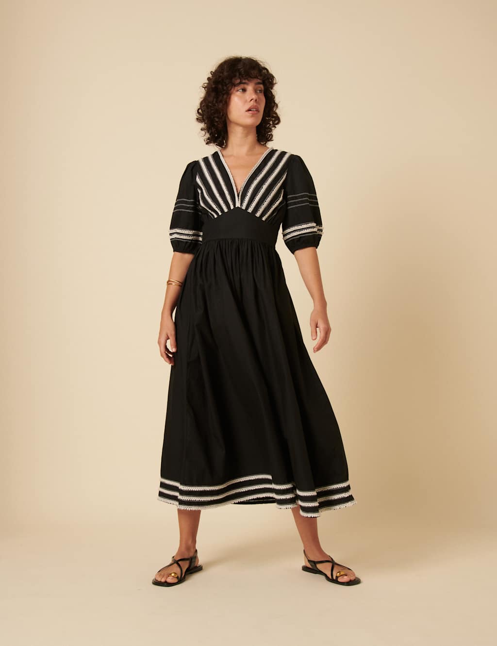 Pure Cotton Embroidered V-Neck Midaxi Tea Dress