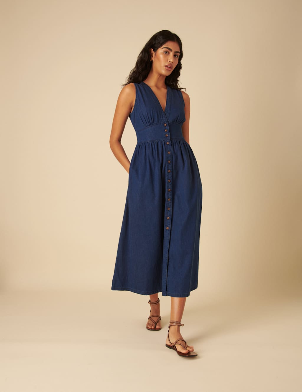 Denim V-Neck Button Through Midi Tea Dress