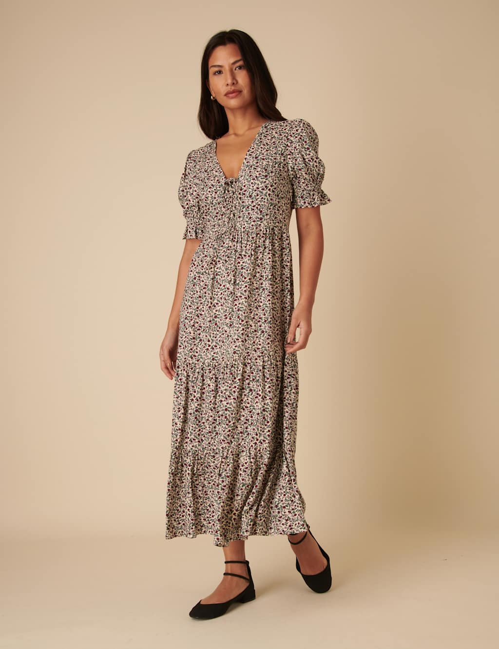 Floral V-Neck Midaxi Waisted Dress