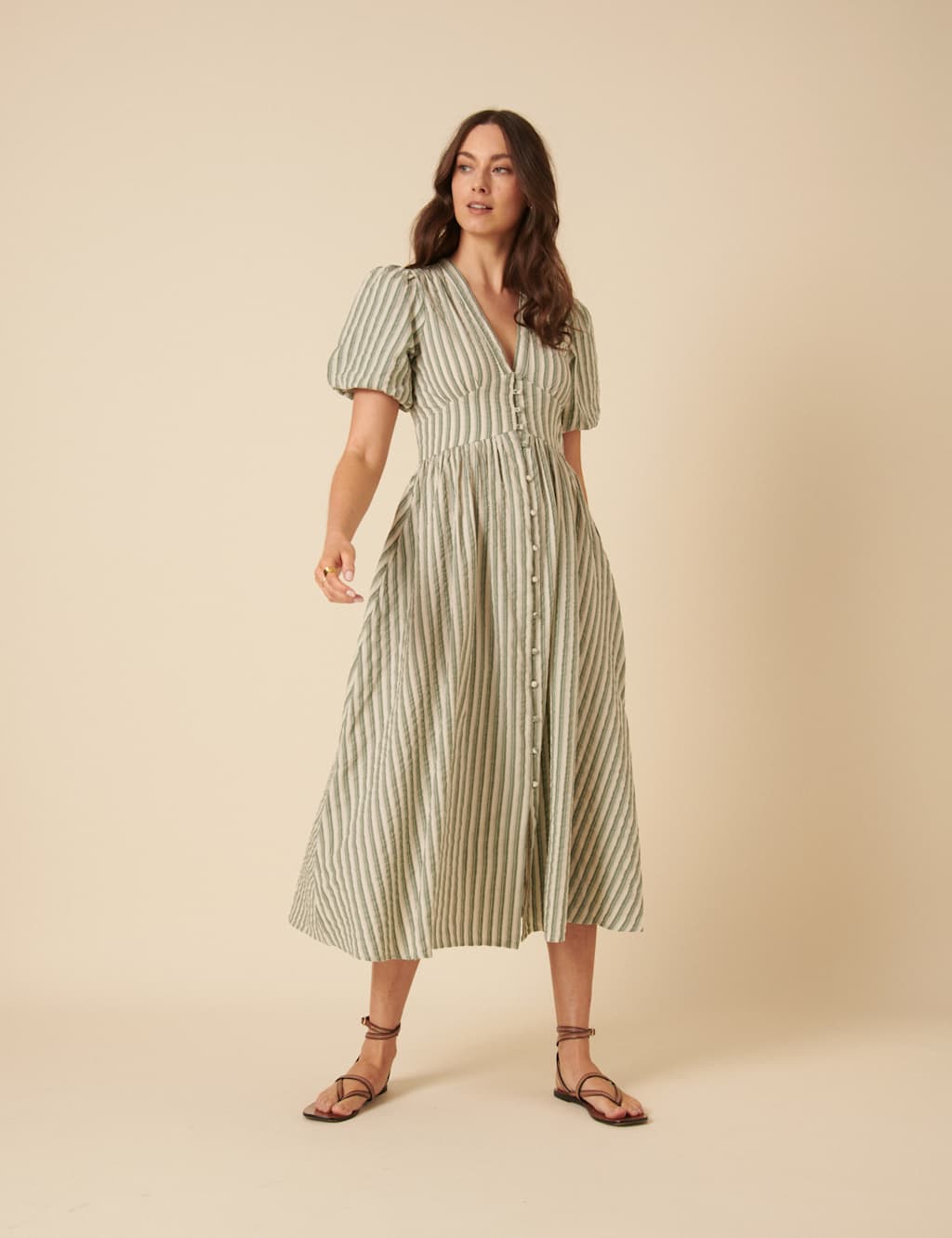 Pure Cotton Striped Midaxi Waisted Dress