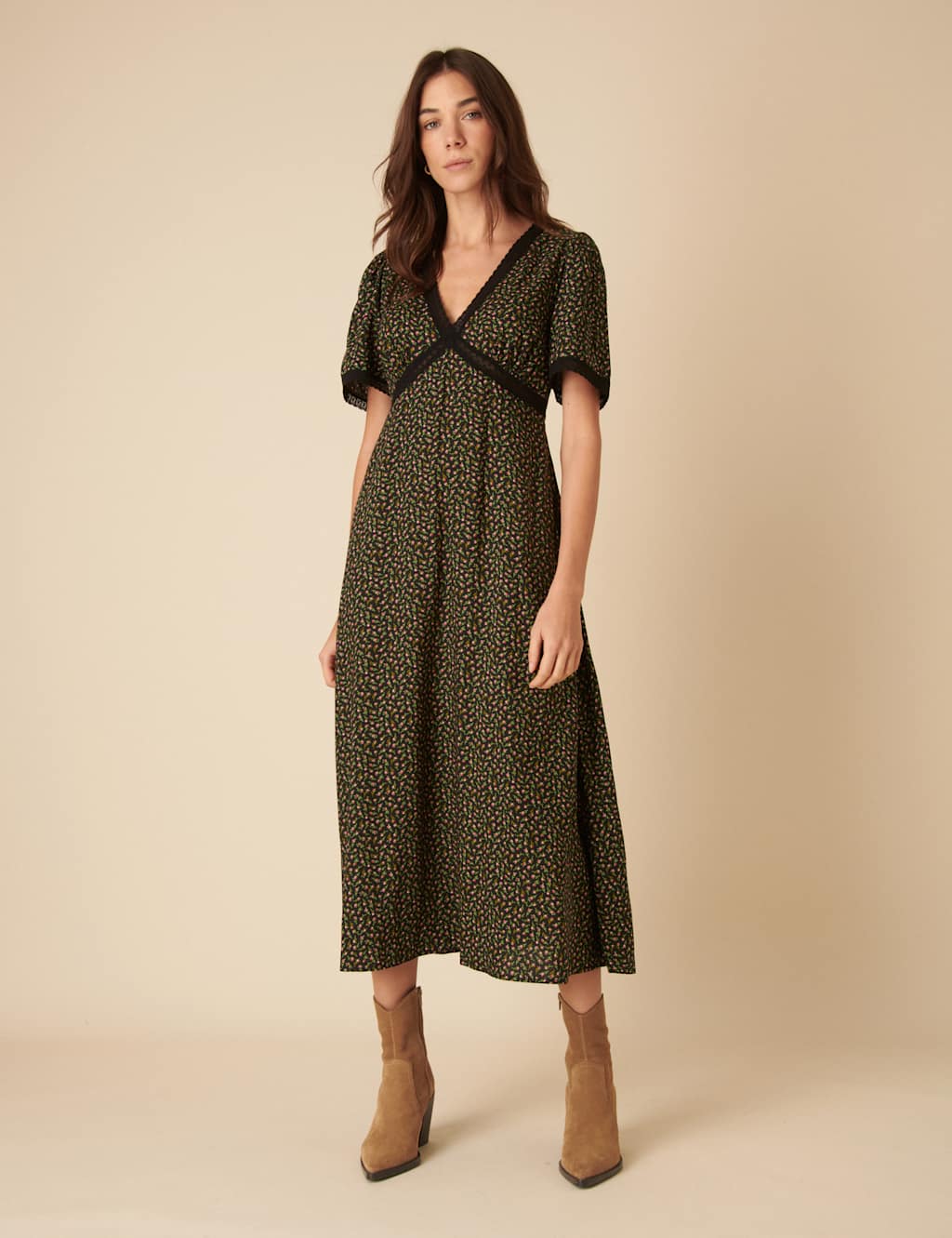 Floral V-Neck Midi Tea Dress