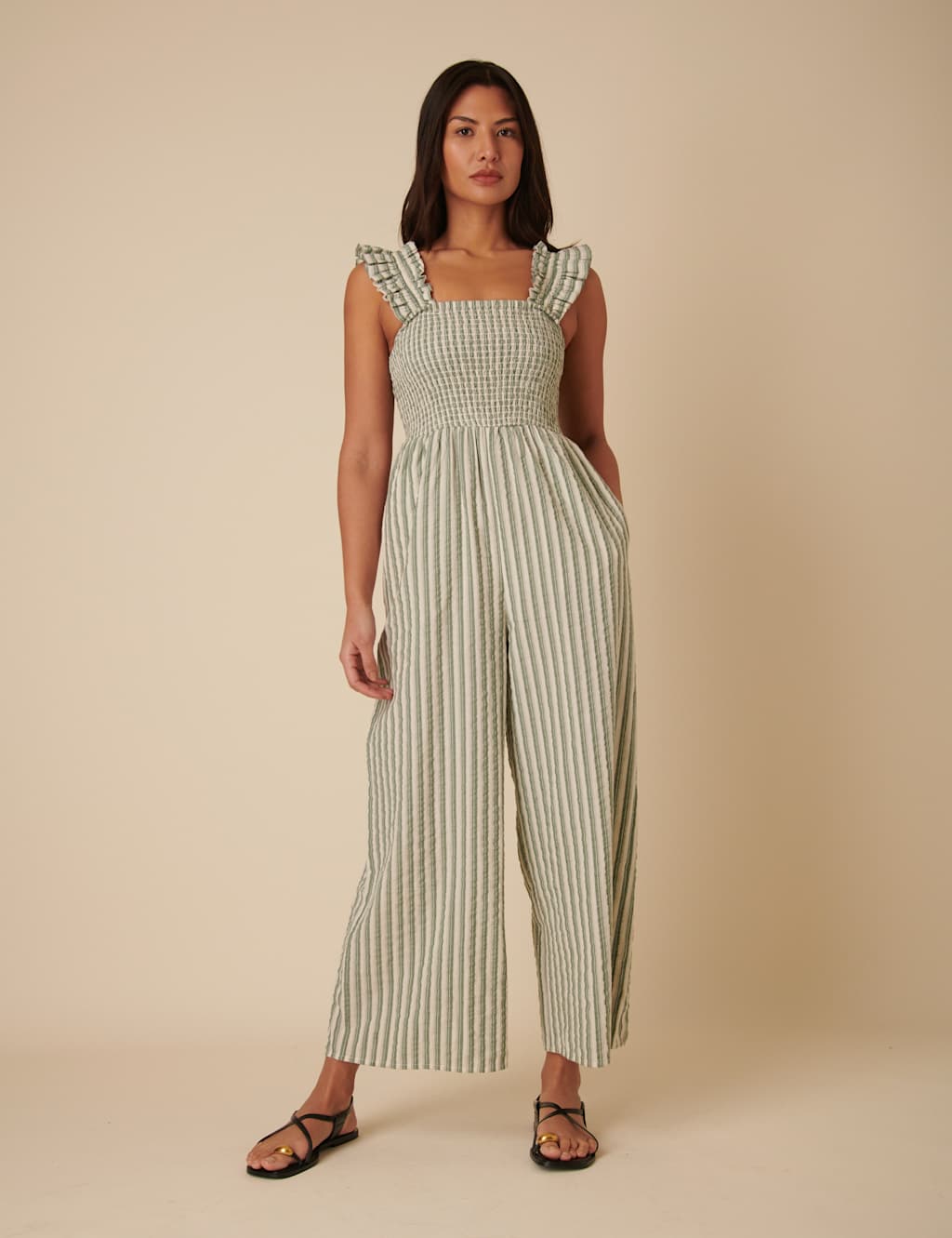 Pure Cotton Striped Cropped Jumpsuit
