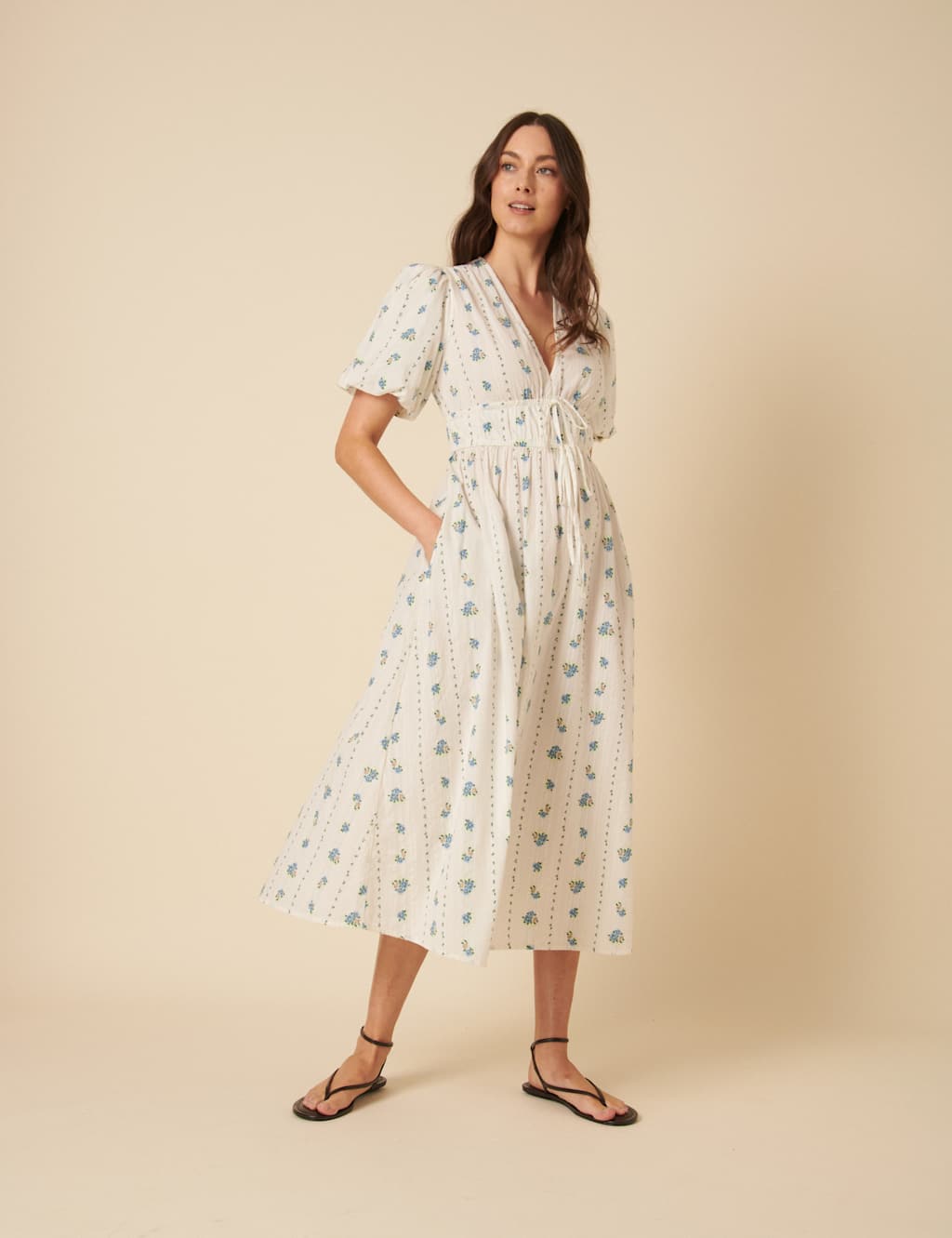Pure Cotton Floral Tie Front Midi Dress