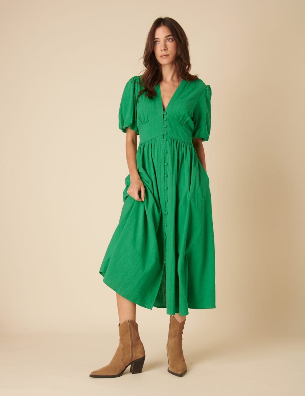 Pure Cotton V-Neck Midaxi Waisted Dress