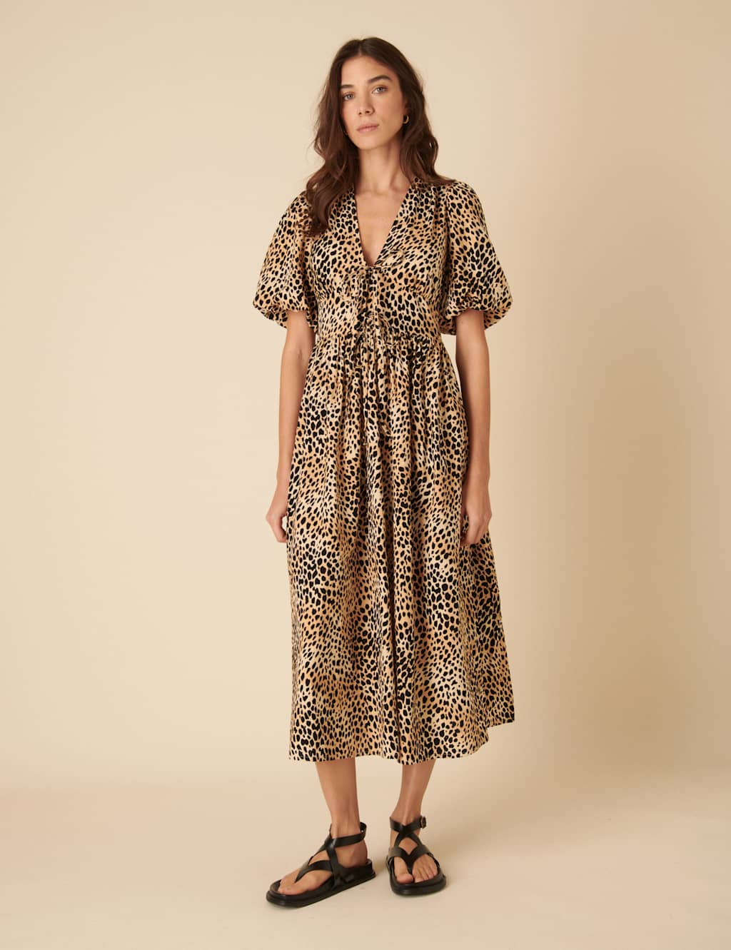 Pure Cotton Animal Print V-Neck Waisted Dress