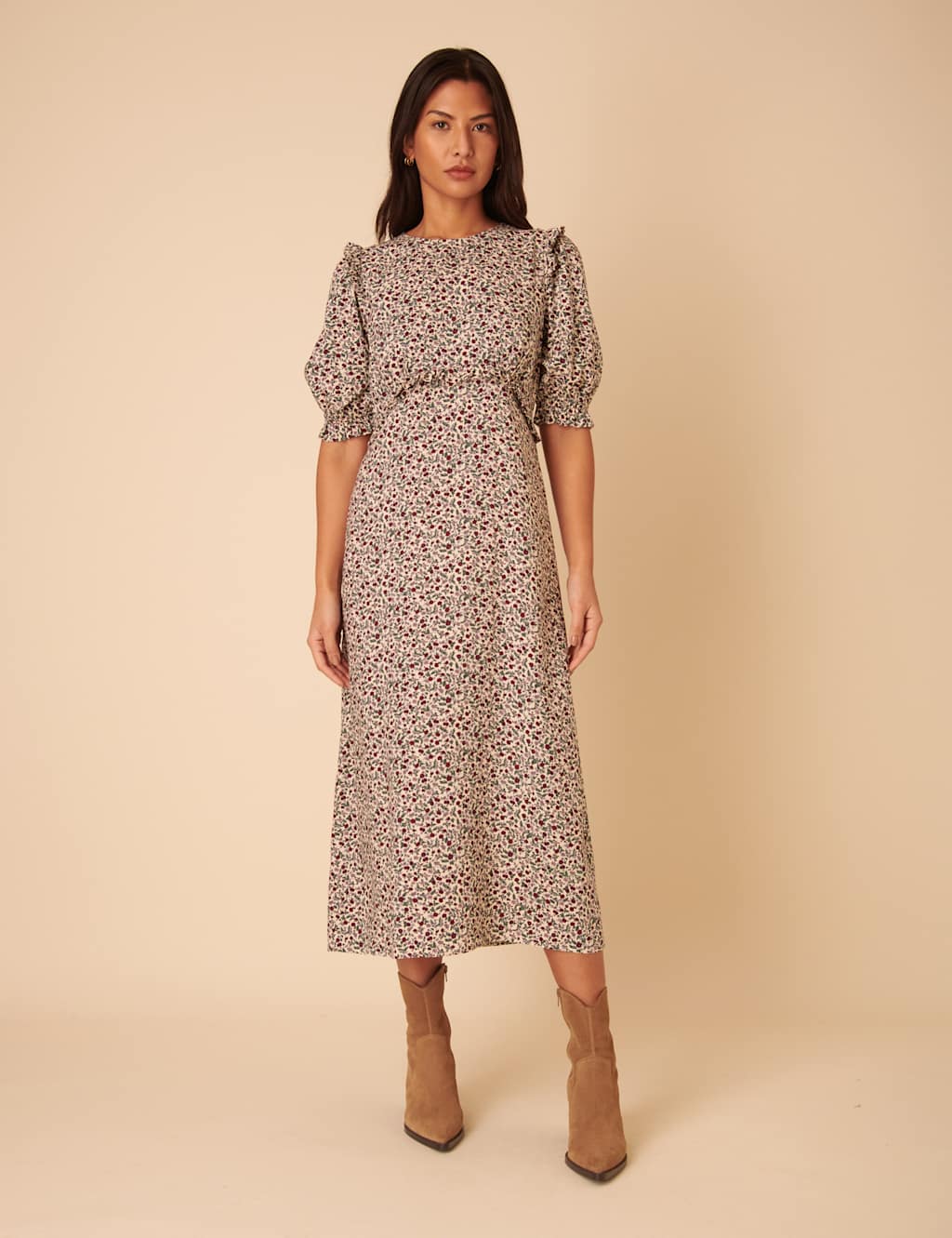 Ditsy Floral Frill Detail Puff Sleeve Midi Tea Dress