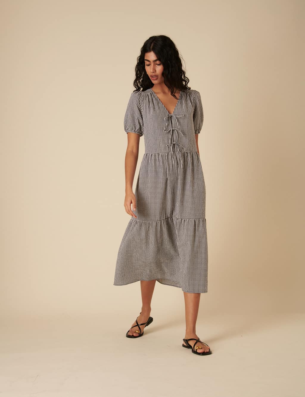 Cotton Rich Gingham Midi Tiered Tea Dress