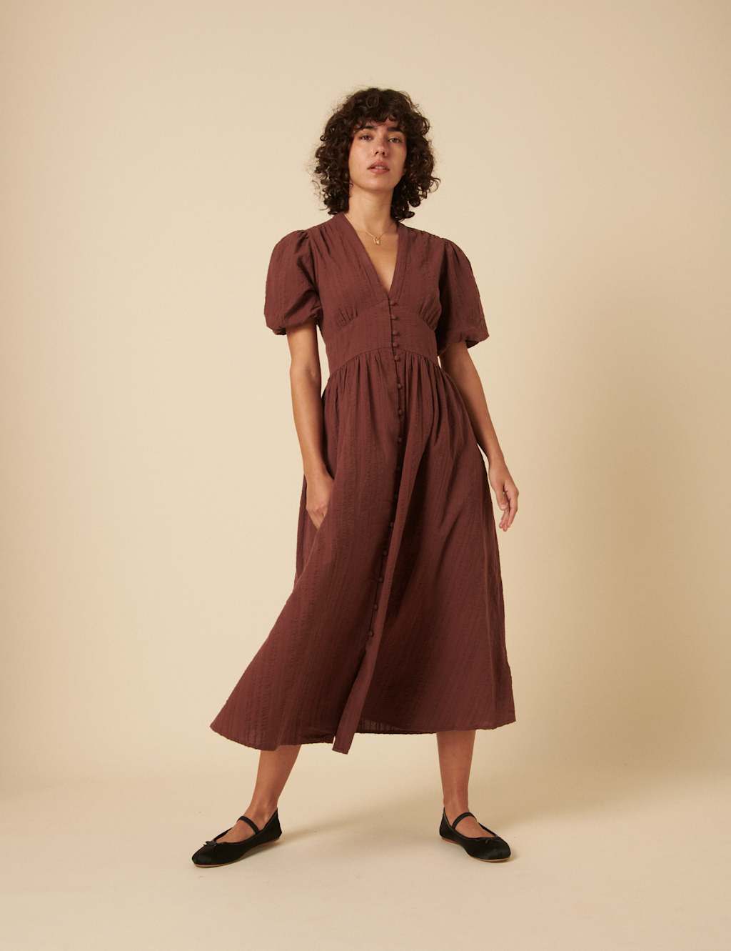 Pure Cotton V-Neck Midaxi Waisted Dress