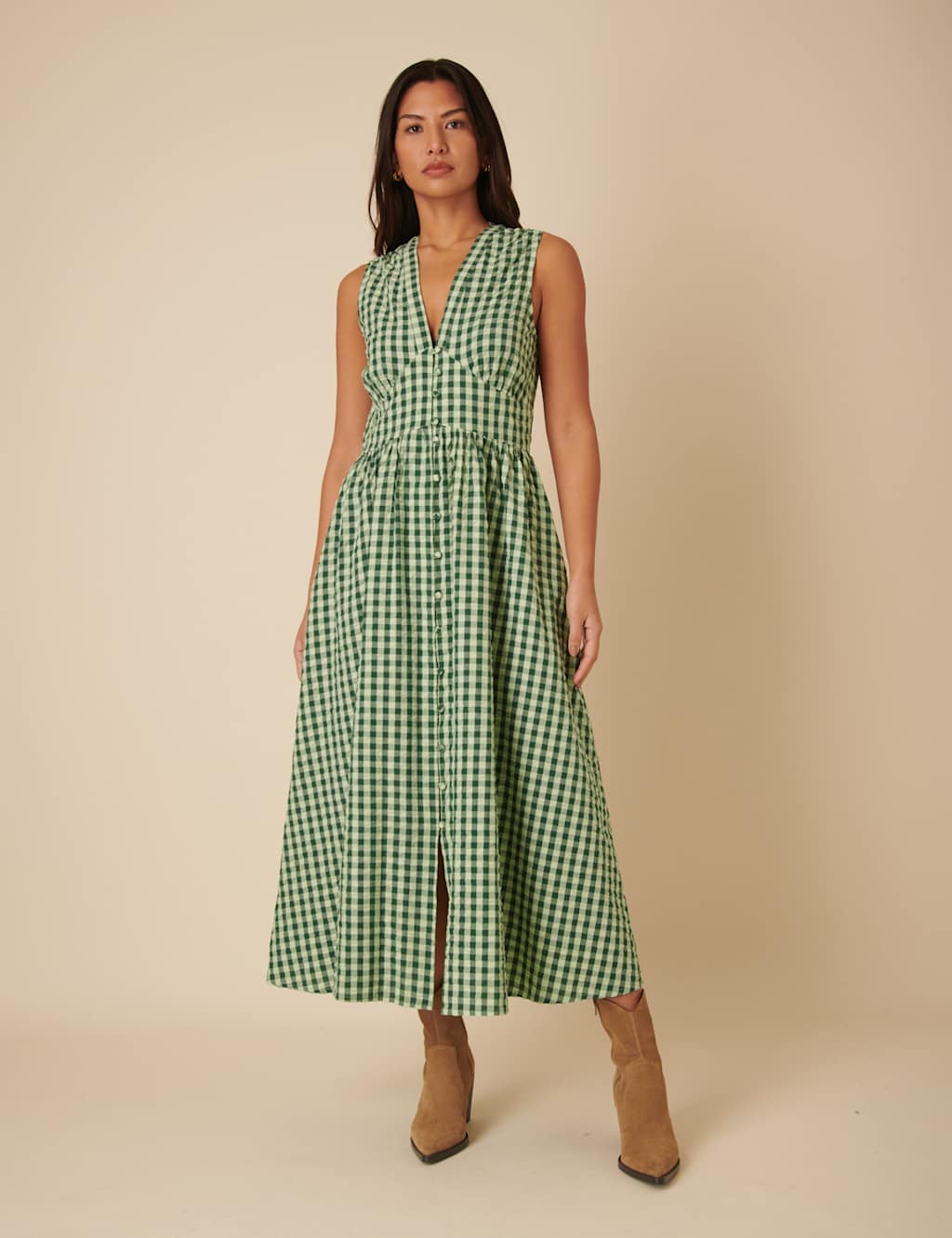 Pure Cotton Gingham Midaxi Waisted Dress