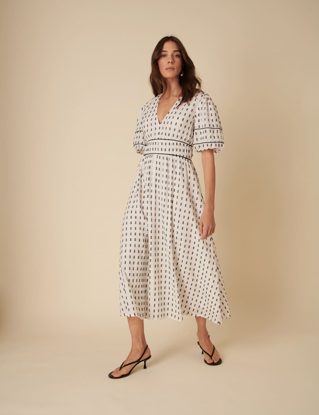 Pure Cotton Geometric Midi Waisted Dress