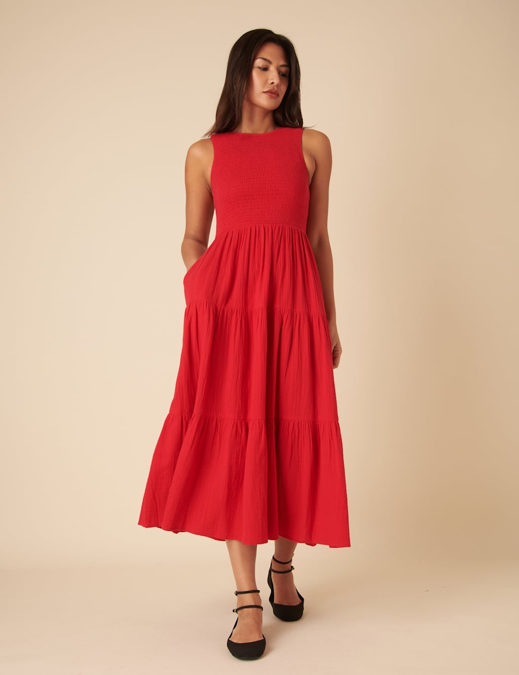Pure Cotton Midaxi Shirred Tiered Dress