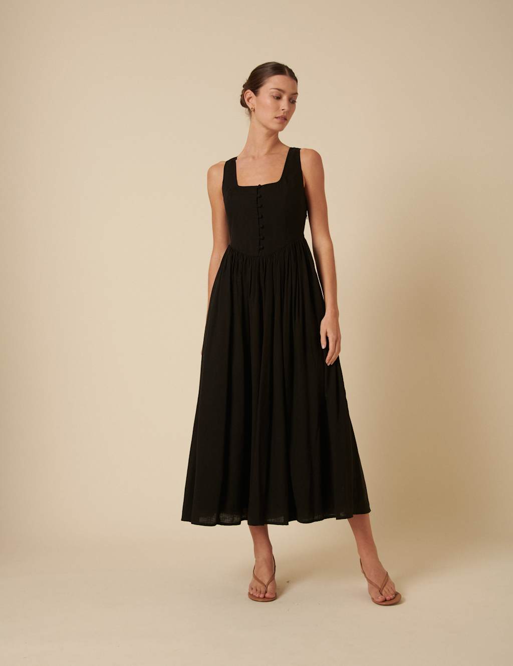 Square Neck Button Front Midaxi Waisted Dress with Linen