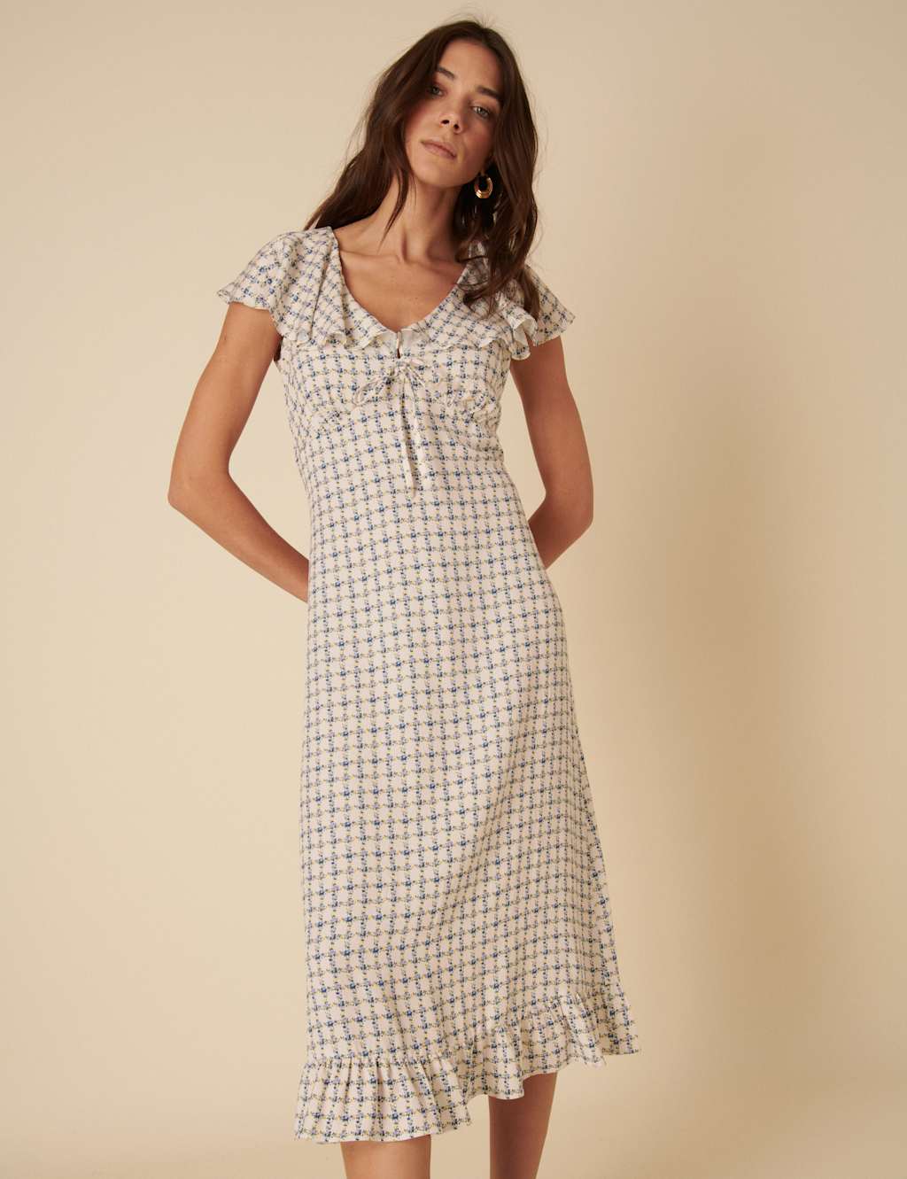 Floral Check V-Neck Midi Tea Dress