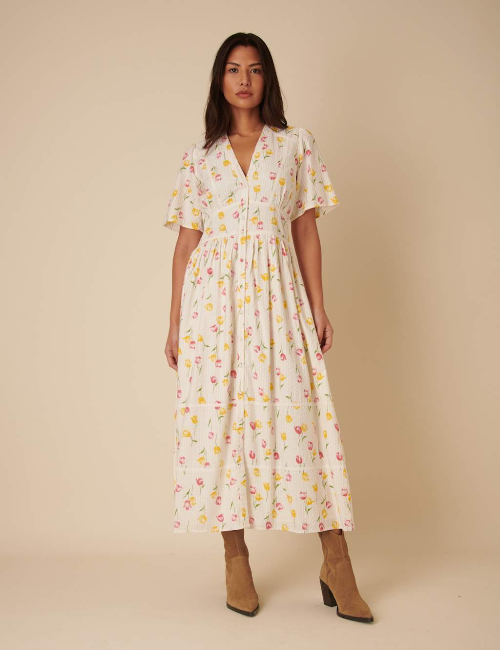 Pure Cotton Floral V-Neck Midaxi Waisted Dress
