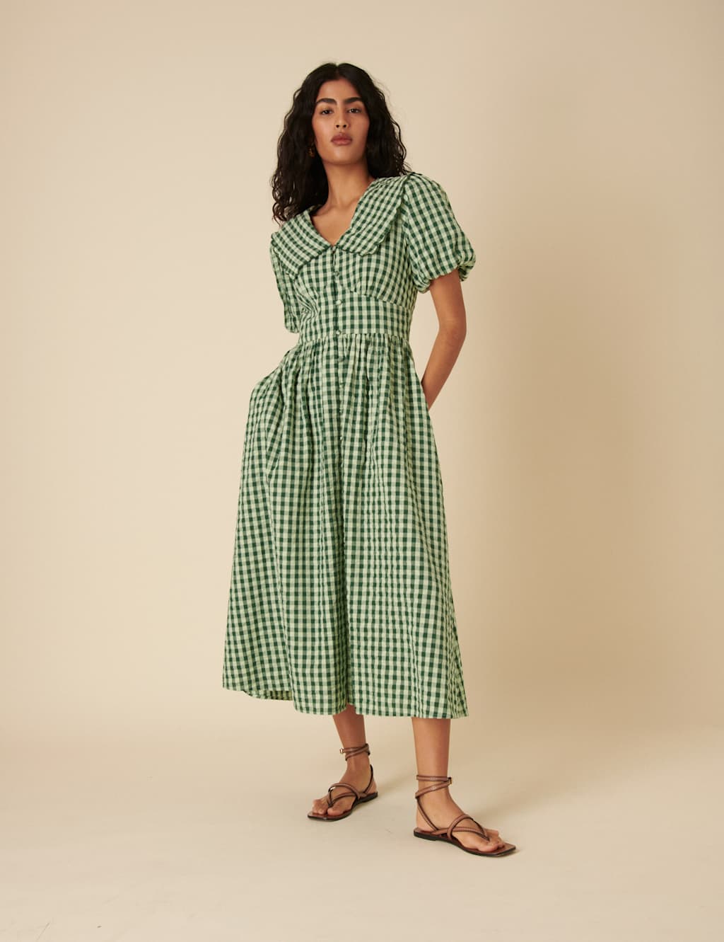 Pure Cotton Gingham Midaxi Waisted Dress