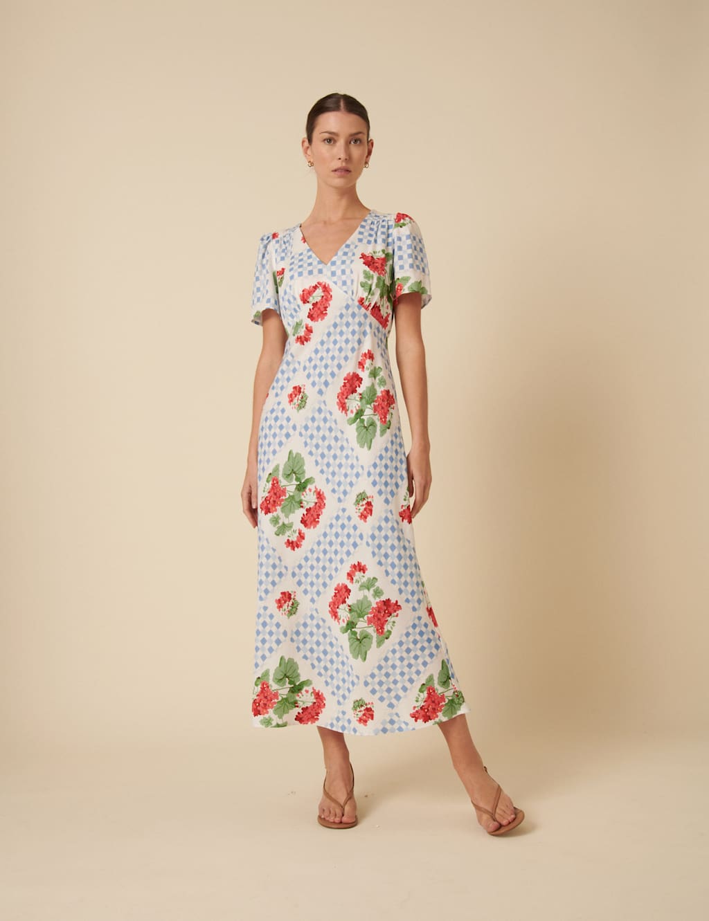 Floral V-Neck Puff Sleeve Midi Tea Dress