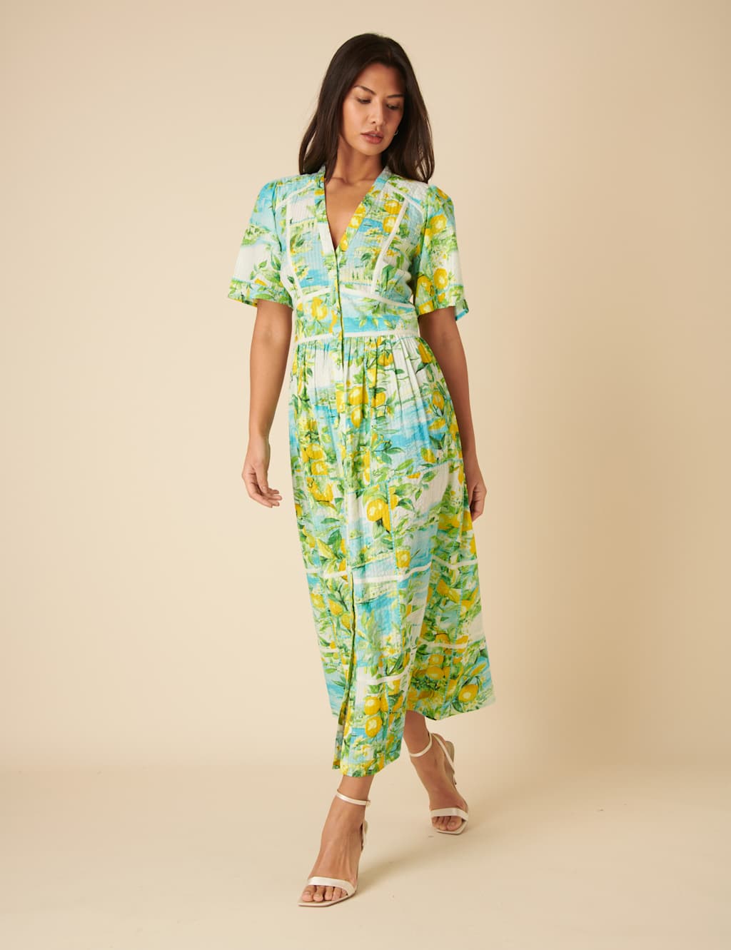 Pure Cotton Lemon Print V-Neck Button Front Midaxi Waisted Dress