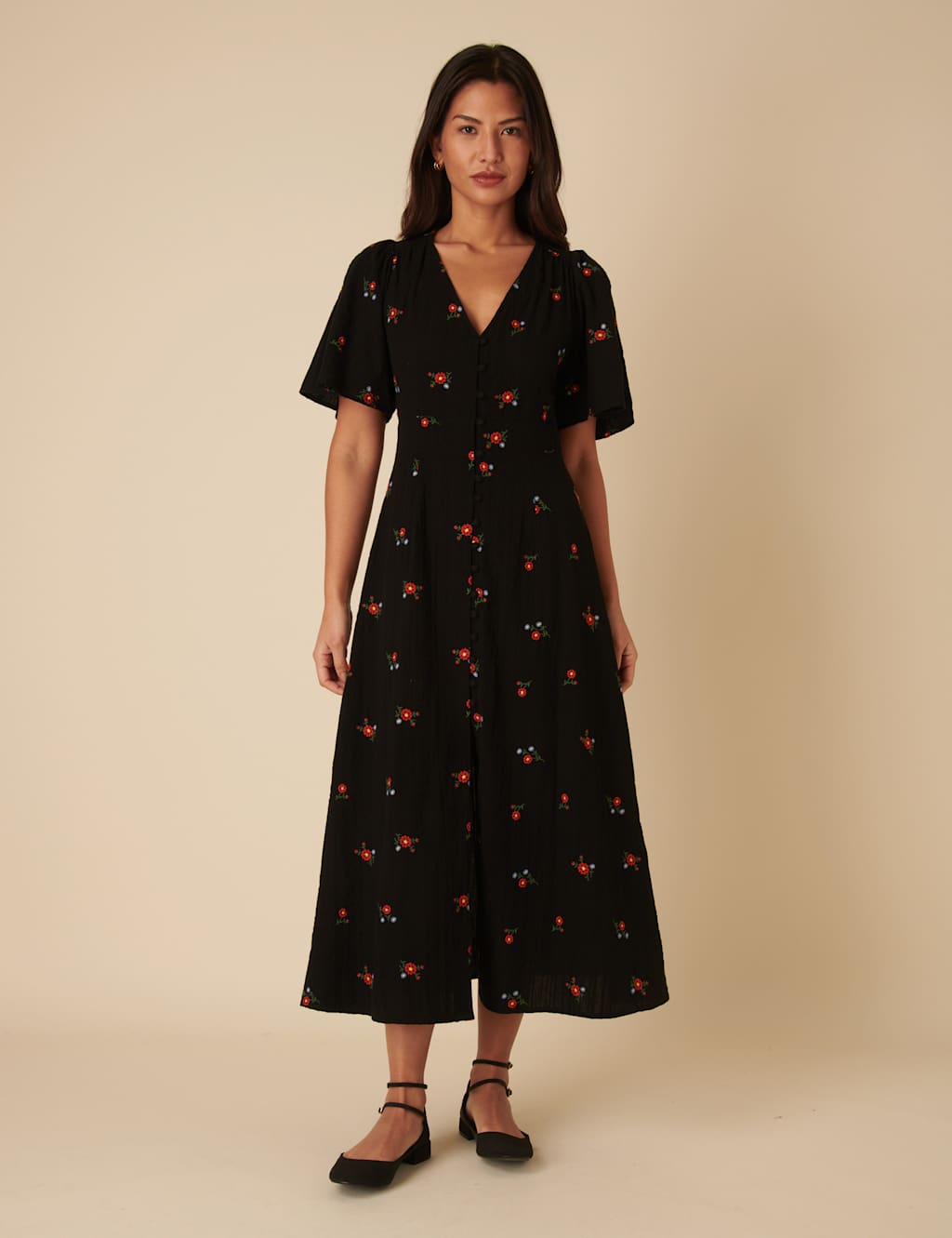 Pure Cotton Embroidered Midaxi Waisted Dress