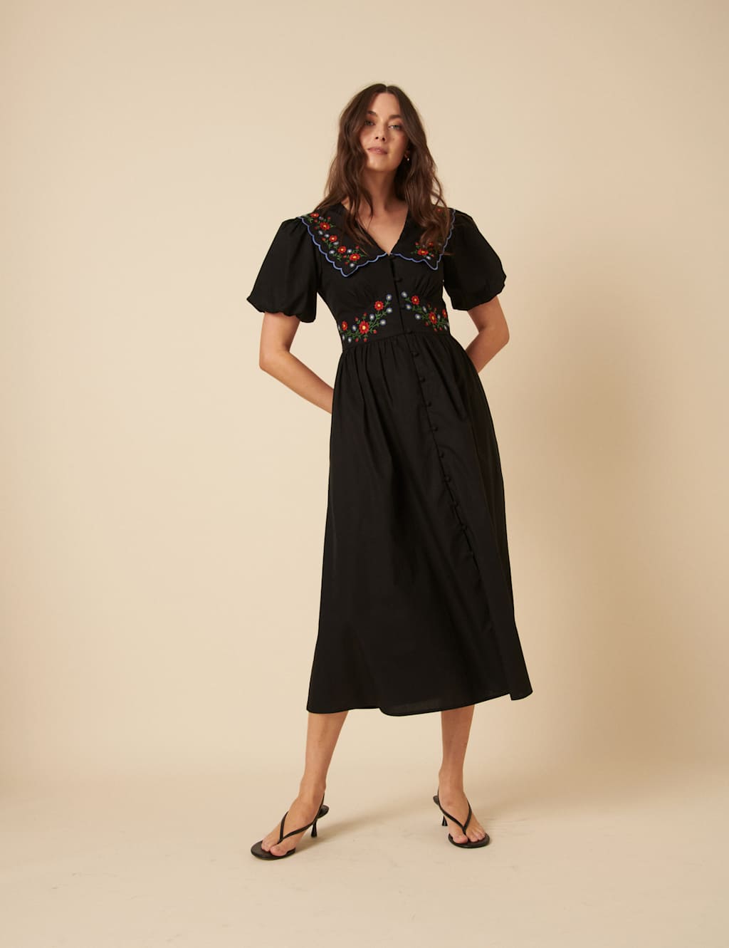 Pure Cotton Embroidered Midi Waisted Dress