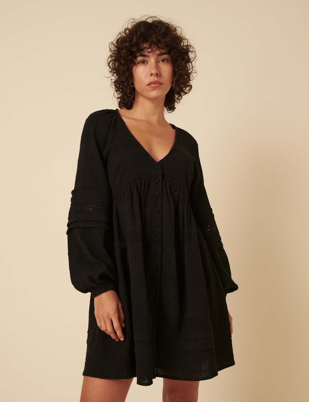 Pure Cotton V-Neck Button Front Mini Smock Dress
