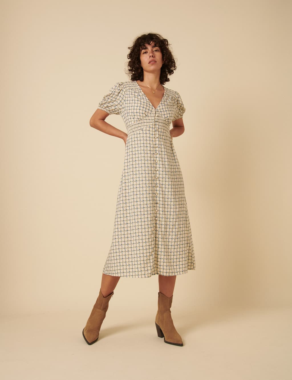 Floral V-Neck Button Through Midi Tea Dress