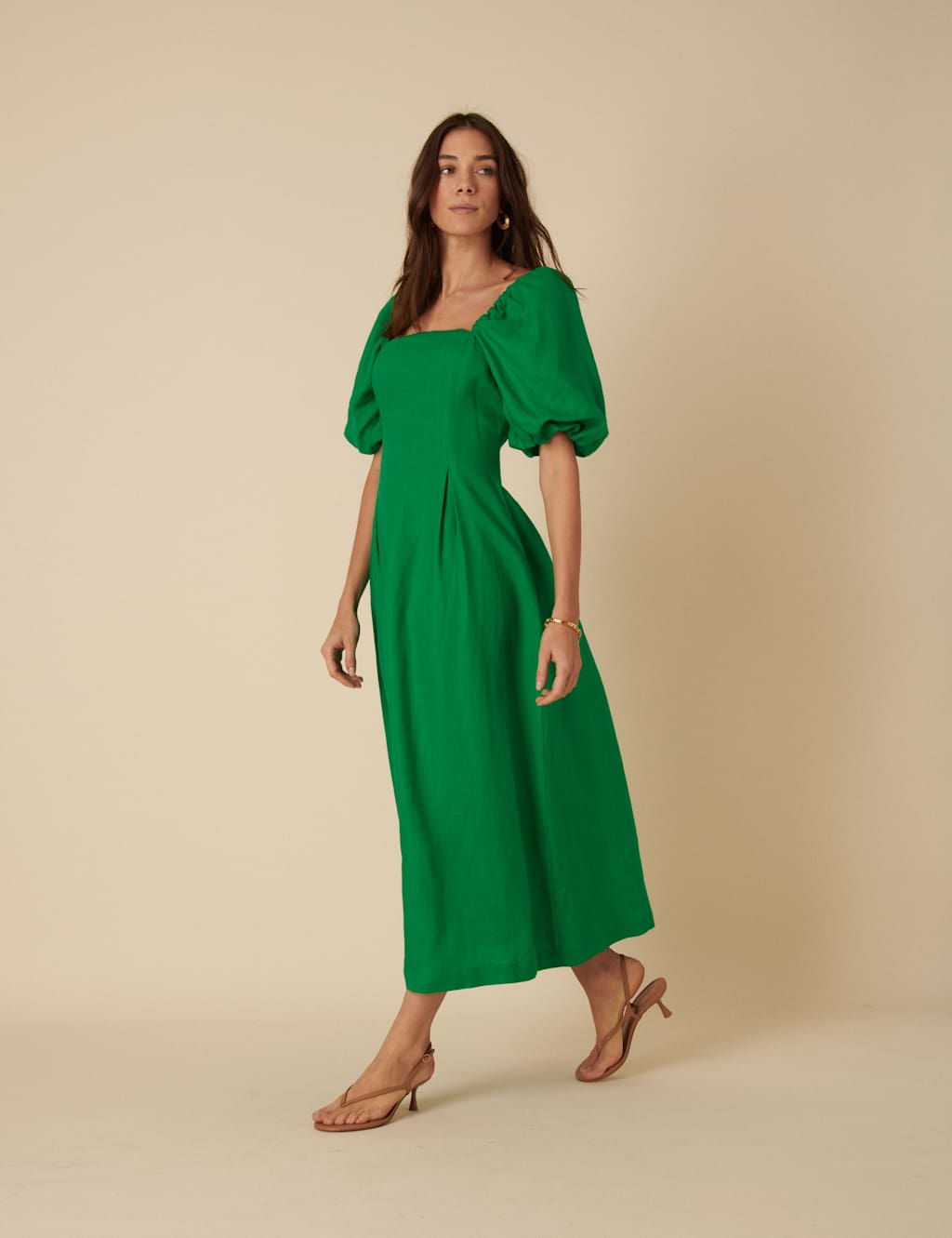 Pure Linen Square Neck Puff Sleeve Midi Dress
