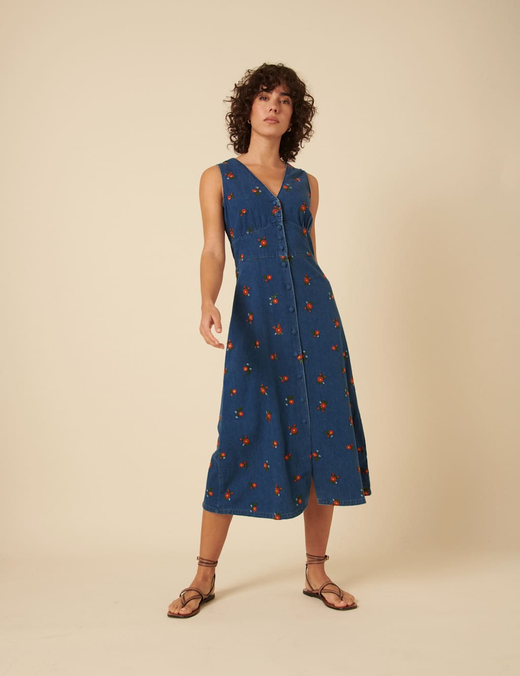 Denim Embroidered V-Neck Midi Tea Dress