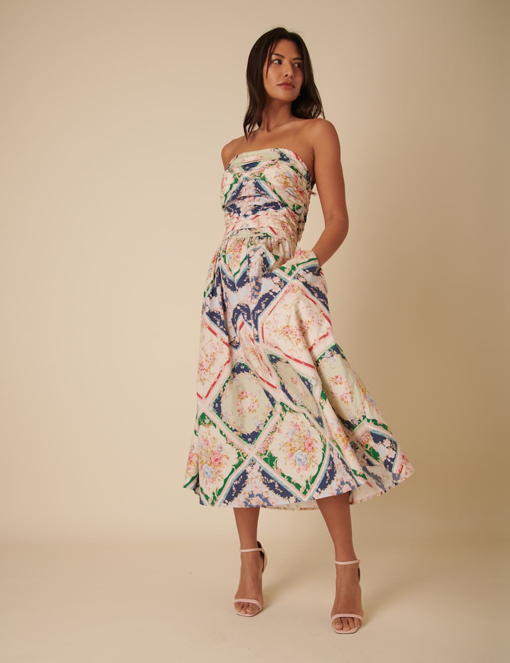 Pure Cotton Scarf Print Square Neck Strappy Midaxi Waisted Dress