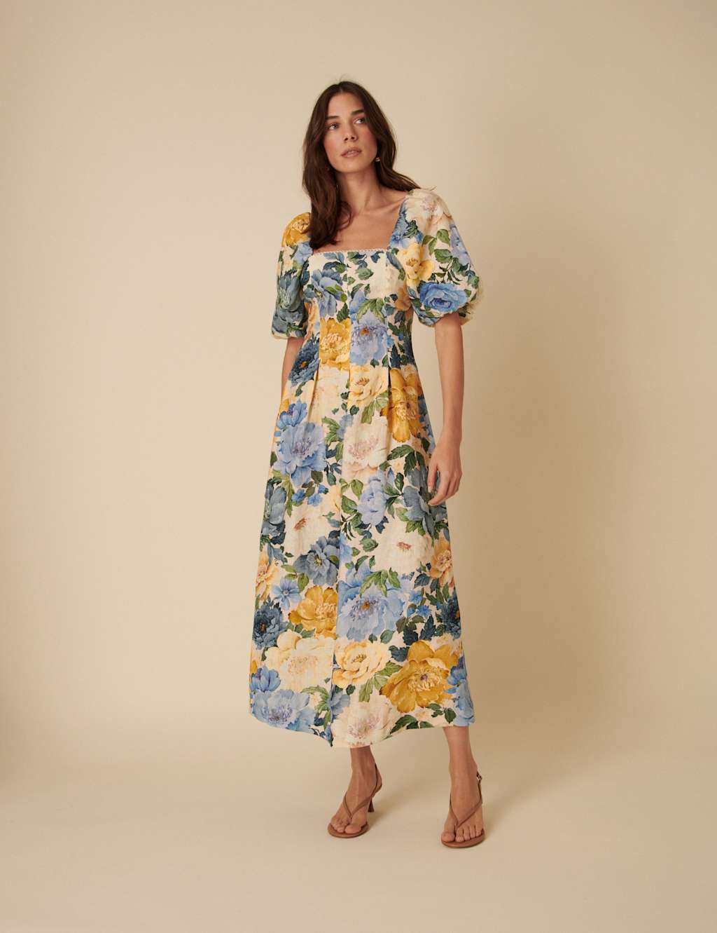 Pure Linen Floral Square Neck Waisted Dress