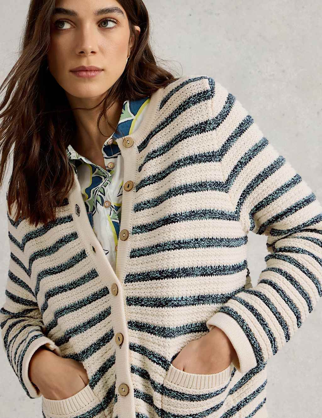 Pure Cotton Striped Crew Neck Cardigan