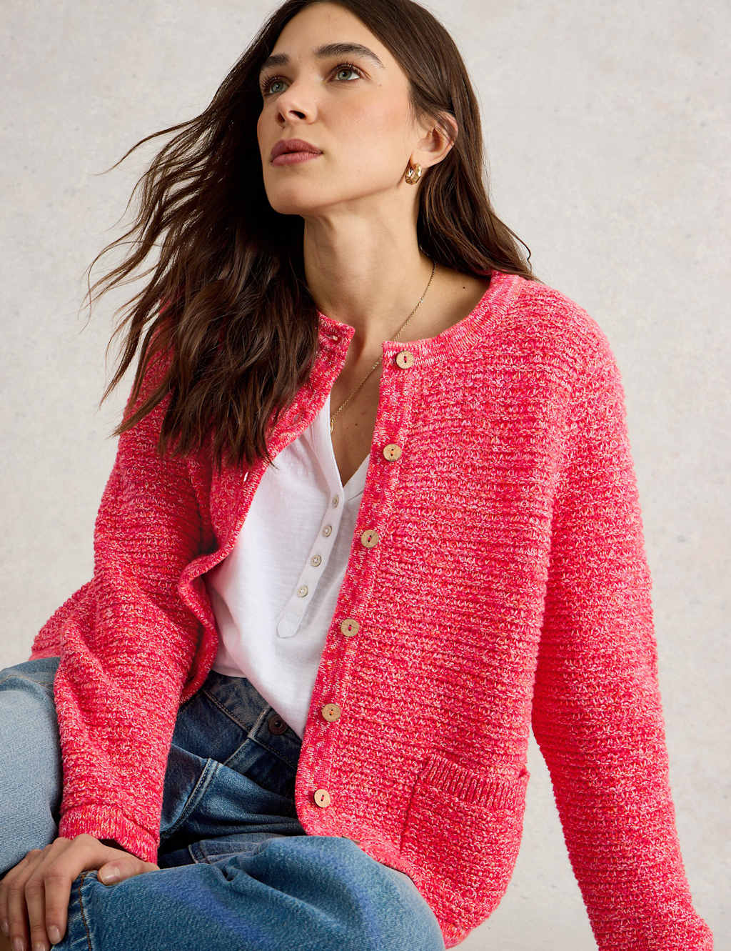 Pure Cotton Textured Crew Neck Cardigan