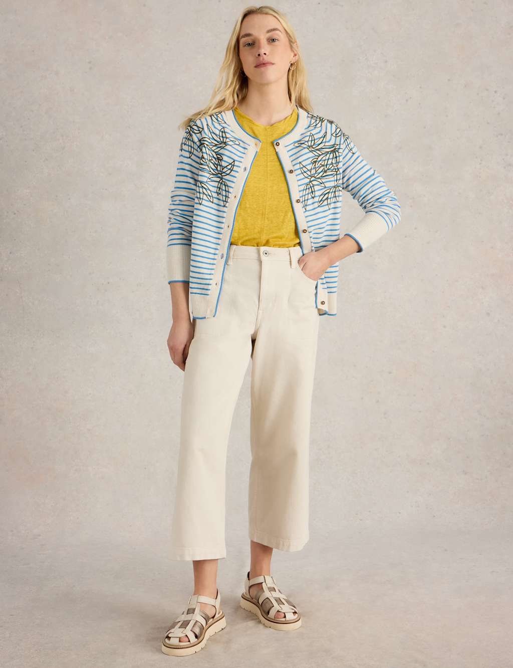 Pure Cotton Embroidered Striped Cardigan