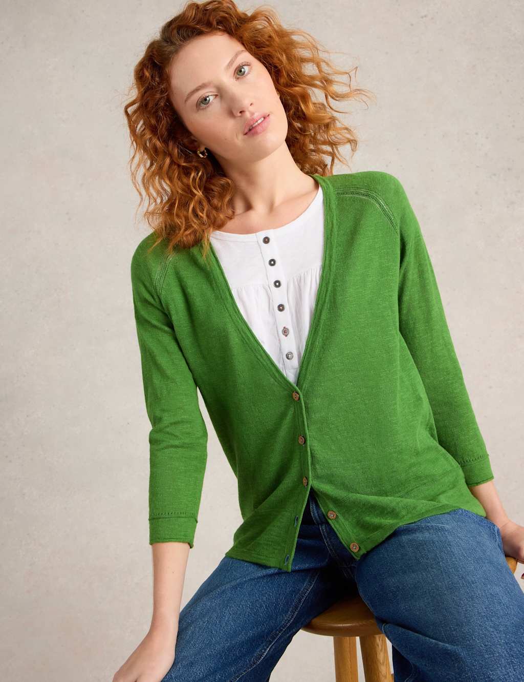 Cotton Rich V-Neck Cardigan with Linen