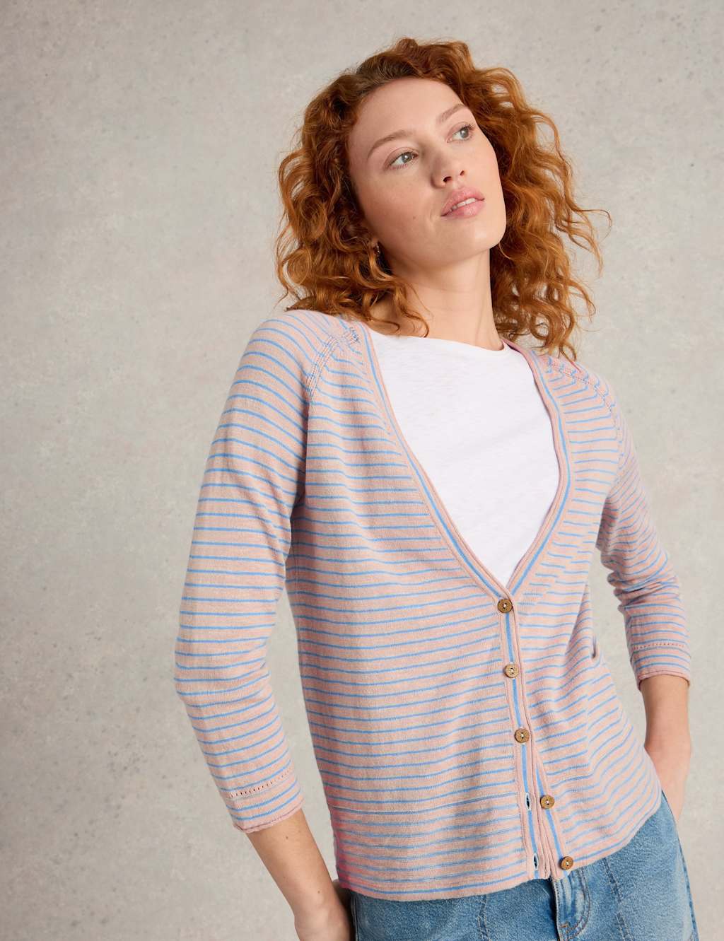 Cotton Rich Striped V-neck Cardigan