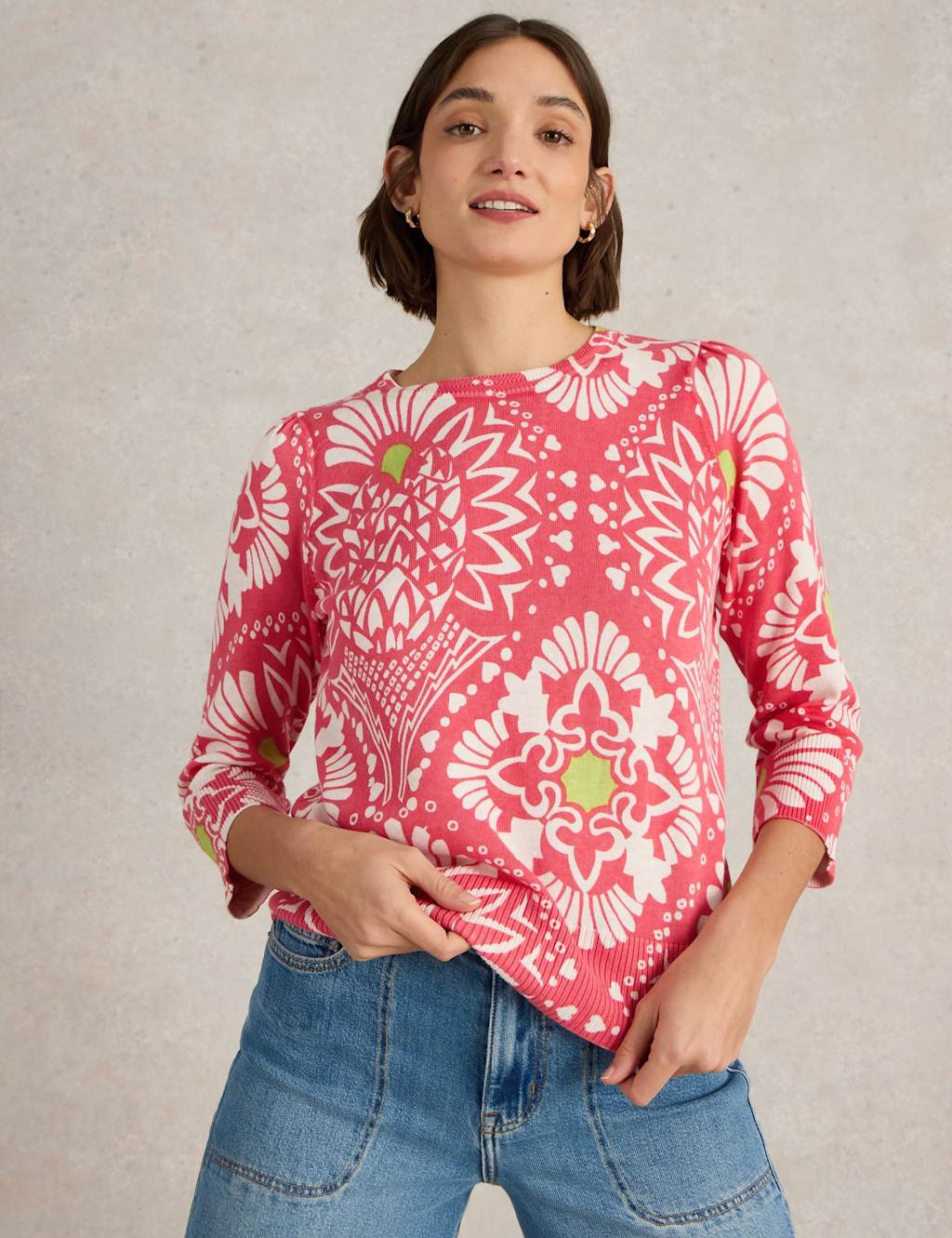 Pure Cotton Floral Crew Neck Jumper
