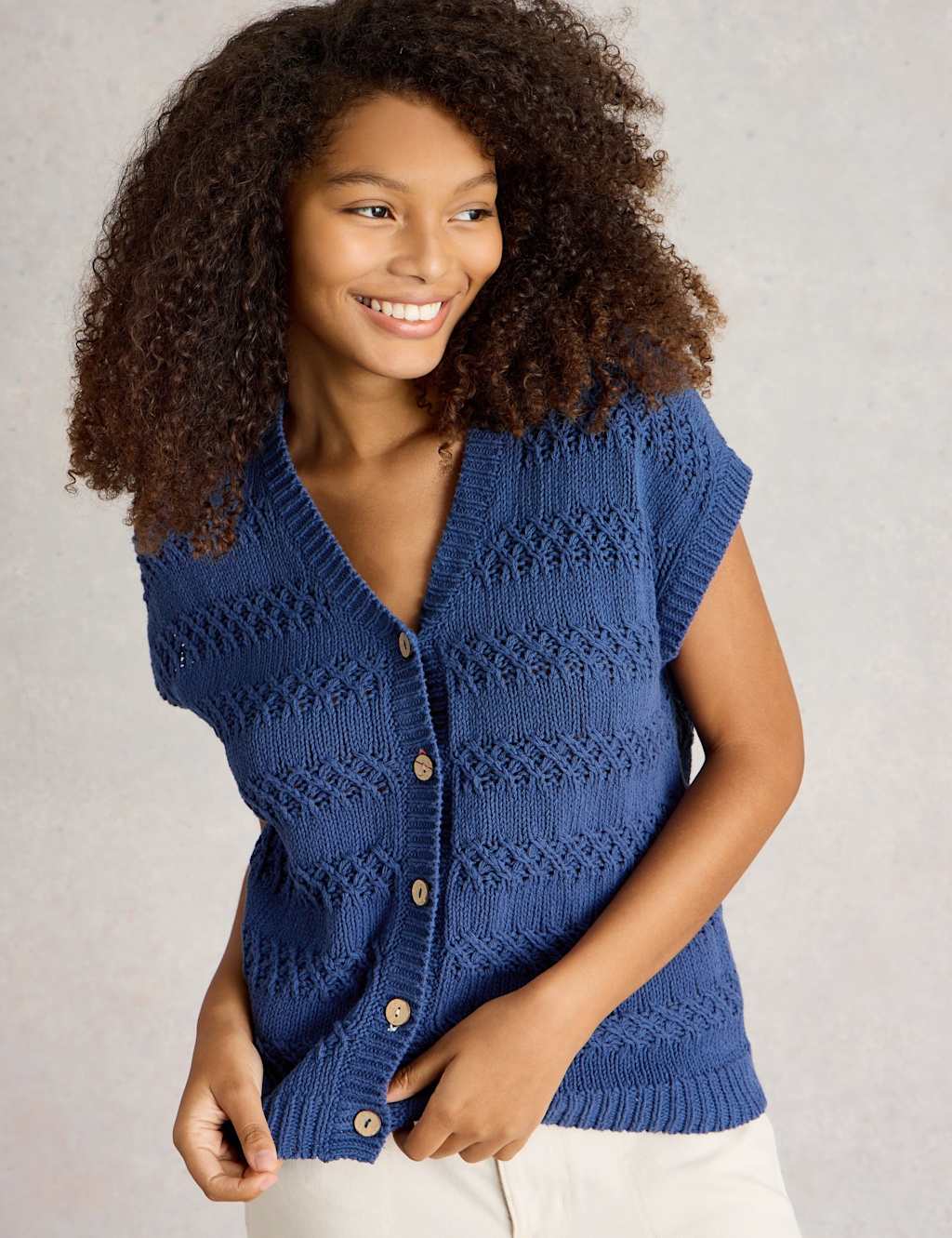 Pure Cotton Textured V-Neck Knitted Waistcoat