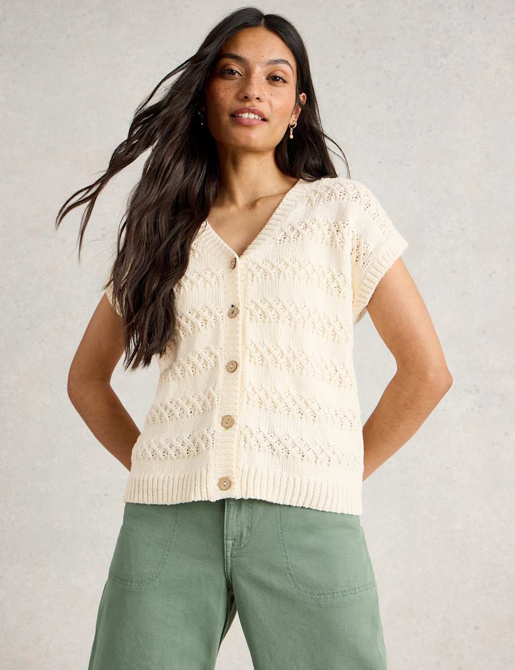 Pure Cotton Textured V-Neck Knitted Waistcoat