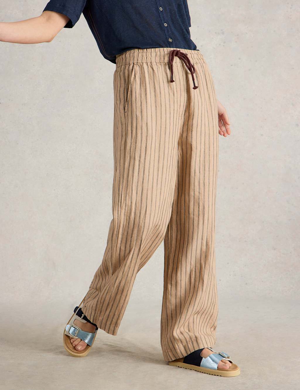 Pure Linen Striped Wide Leg Trousers