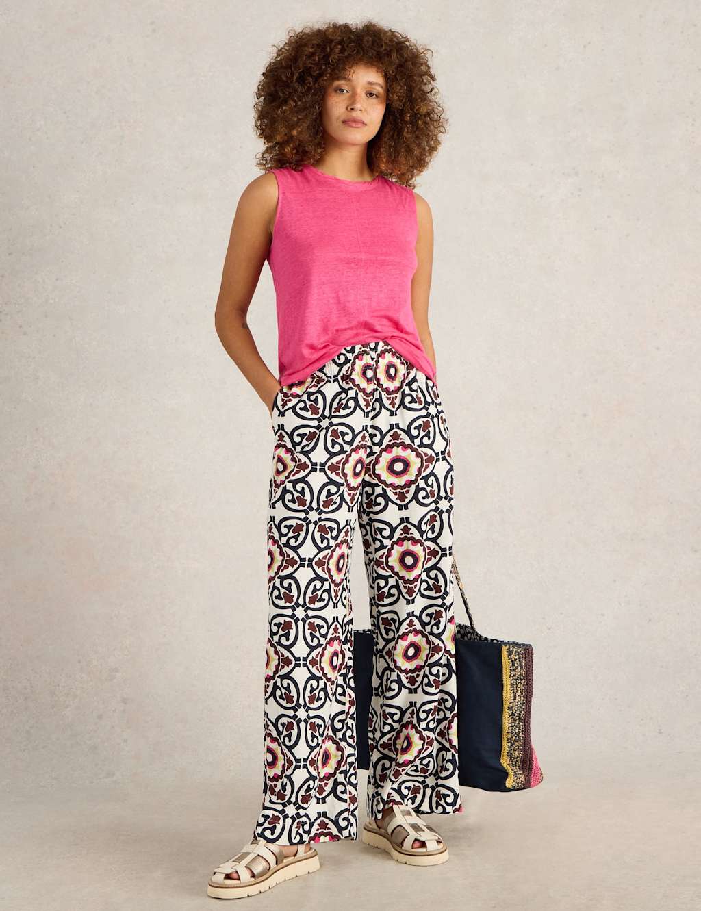 Linen Rich Printed Wide Leg Trousers
