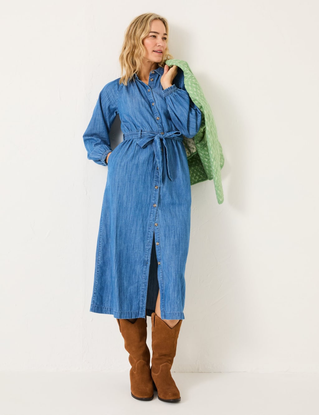 Pure Cotton Denim Tie Waist Midi Shirt Dress