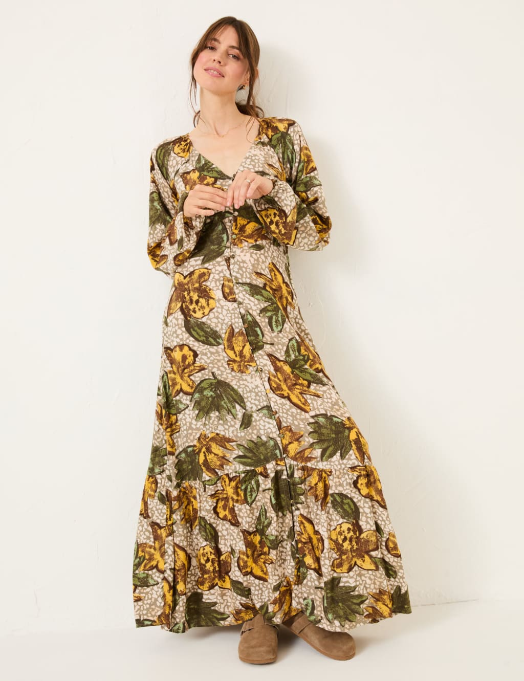 Pure Lyocell Floral V-Neck Maxi Tiered Dress