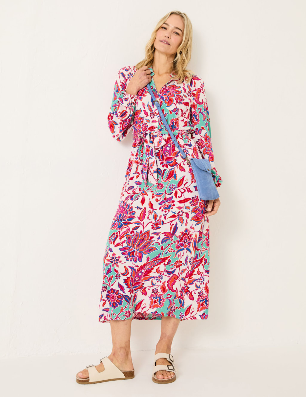 Floral Blouson Sleeve Tie Waist Midaxi Shirt Dress