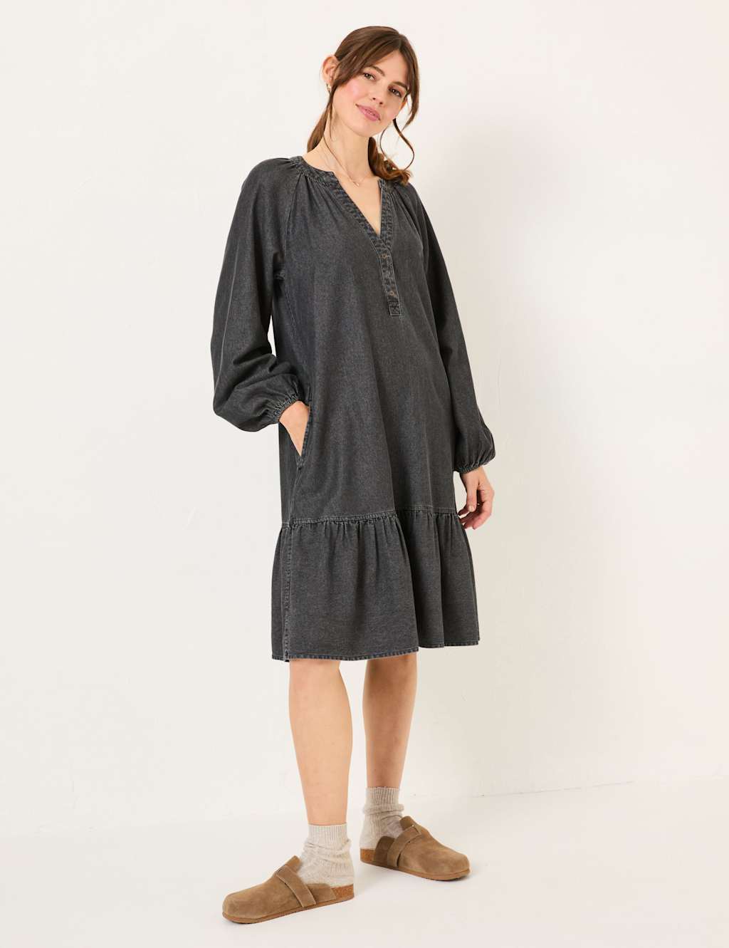 Denim Notch Neck Knee Length Tiered Dress