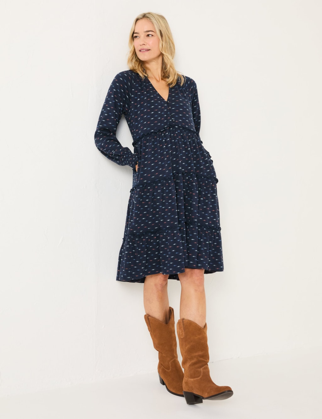 Pure Cotton Jersey Printed V-Neck Tiered Dress